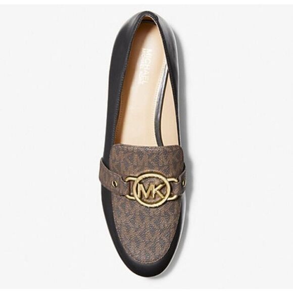 Michael Kors Womens Rory Loafer 6.5M Brown & Black Leather/Canvas Slip-On Shoes - Picture 1 of 7